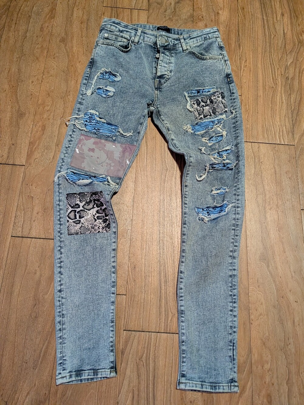 Men's Skinny Distressed Patchwork Jeans - Light Blue